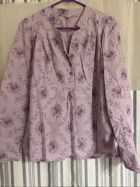 Lavender Floral Henley Cotton Blouse - Women